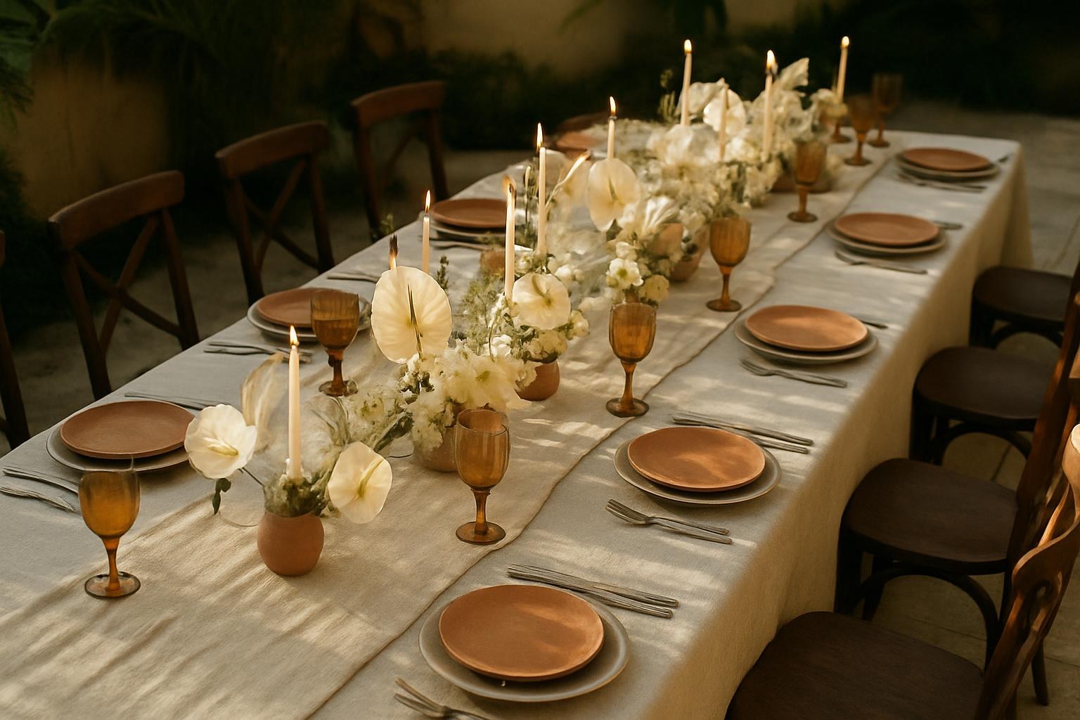 A long serpentine tablescape lit by candlelight in a Miami courtyard at golden hour