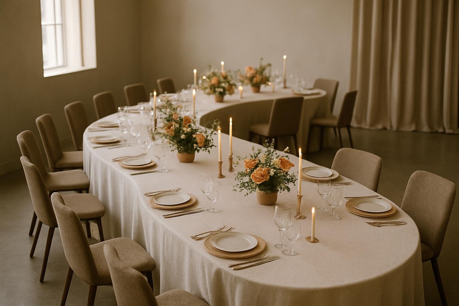 A reception room set with two long serpentine tables threading through the space, lit by candlelight