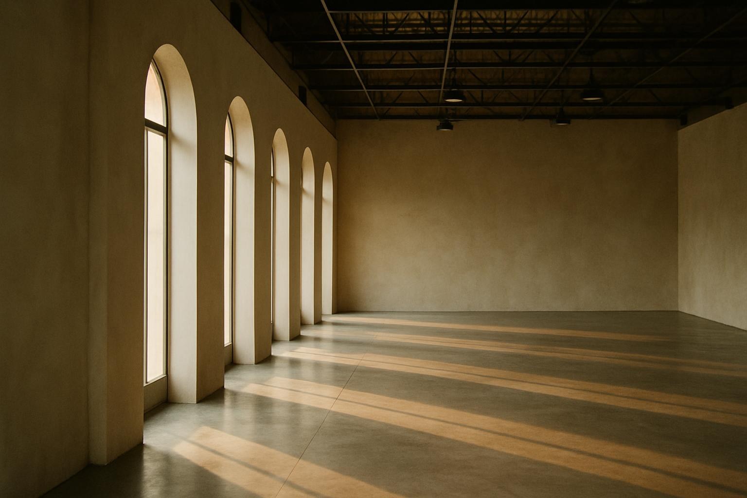 An empty South Florida event venue with an exposed rigging grid and tall west-facing arched windows