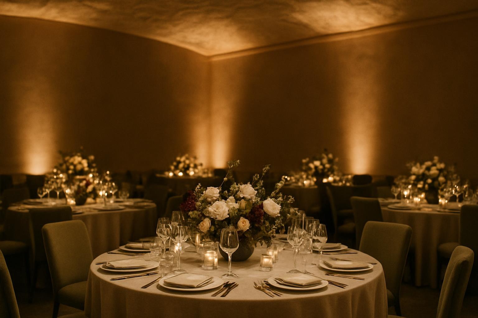 A ballroom after dark lit by warm perimeter uplight and tight pinspots isolating each tabletop