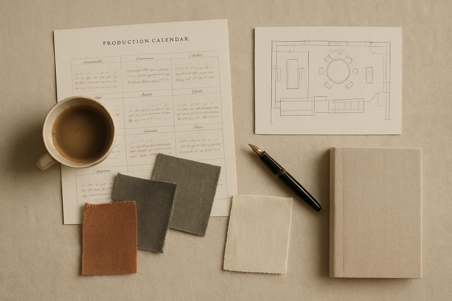 An event planner’s desk with an annotated twelve-month production calendar and a floor plan