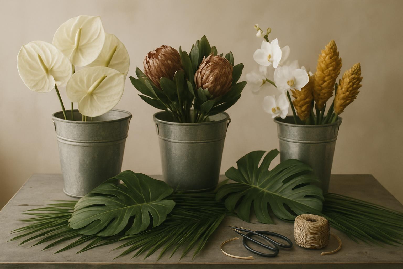 Buckets of anthurium, protea and orchid conditioning in a cool floral studio