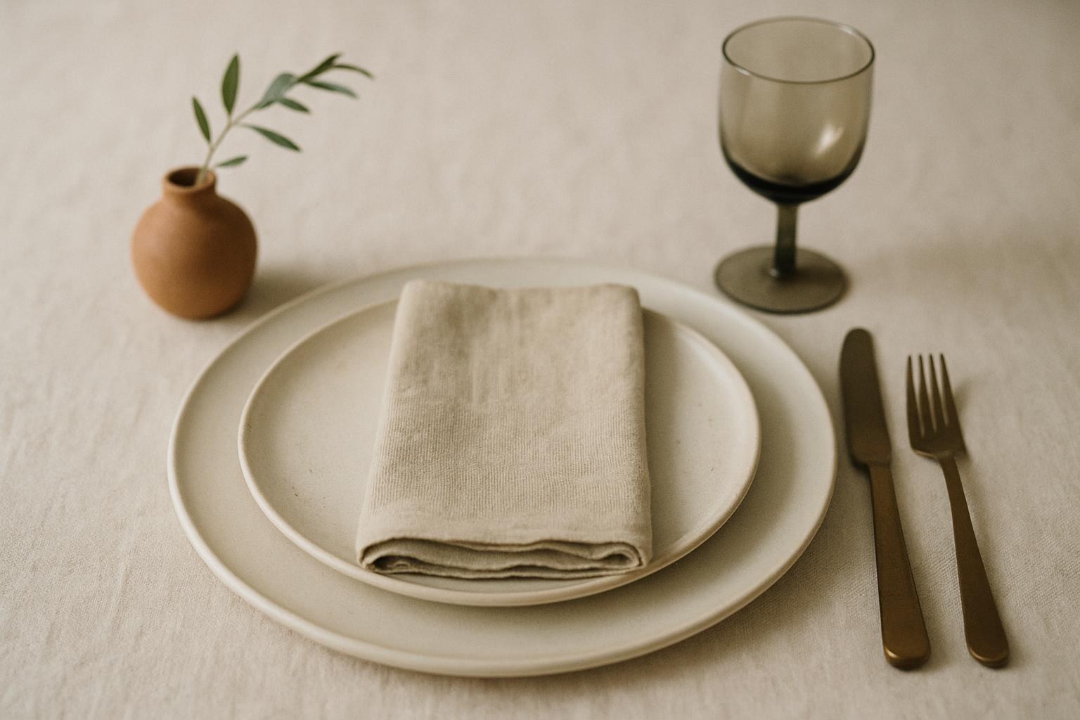 A single restrained dinner place setting with a bone charger, aged brass flatware and a linen napkin